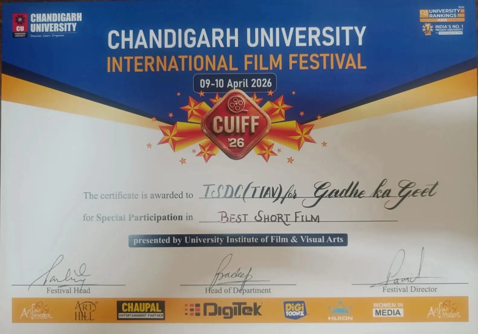 TIAV student received certificate